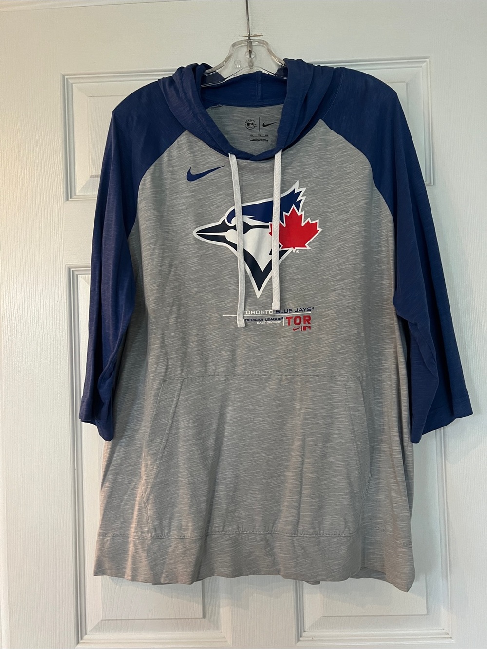 Nike Men’s Toronto Blue Jays Gray and Navy Hooded Raglan Shirt